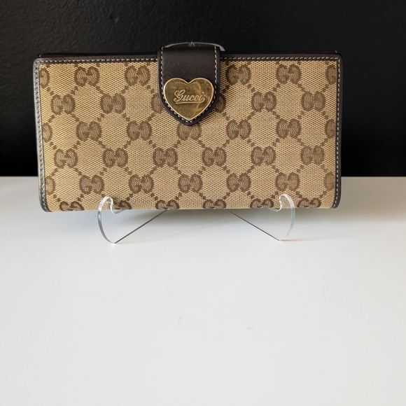 Gucci Handbags - Gucci GG Vintage Brown Monogram Long Wallet with Gold Heart Snap